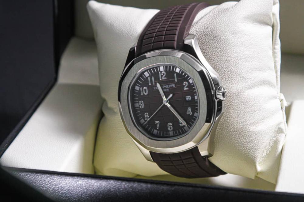Patek Philippe Aquanaut Brown Dial Rose Silver Bezel Brown Strap Watch